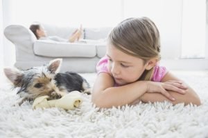 A young person cradles a newborn baby in their arms while a puppy snuggles up to their face.