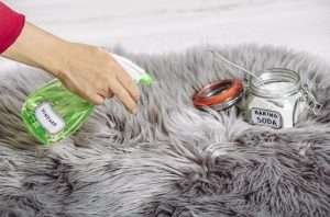 A person's hand is spraying vinegar from a clear bottle onto a fluffy, grey rug beside a jar labeled "BAKING SODA" and a metal spoon.