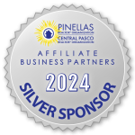 The image shows a circular silver emblem with text indicating "Affiliate Business Partners 2024 Silver Sponsor" for Pinellas Realtor Organization and Central Pasco Realtor Organization.
